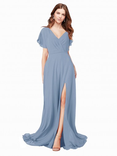 Affordable Chiffon Prom Dress with Flutter Sleeves and Front Slit