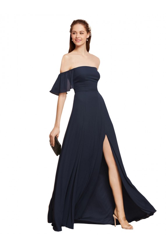 Affordable Off the Shoulder Floaty Sleeves Chiffon Prom Dress with High Slit