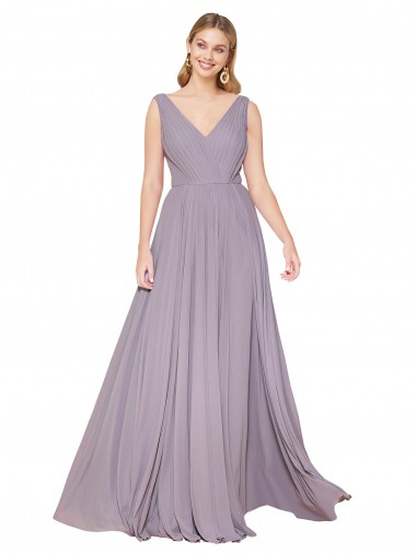 Affordable Draped Floor Length High Neck V-Back Chiffon Prom Dress with Shirred Bodice