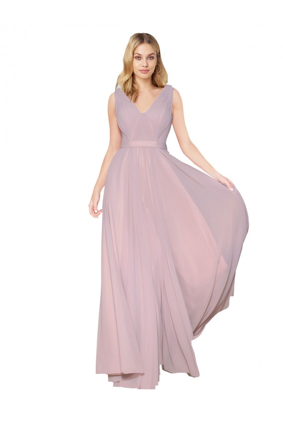 Affordable Draped V-Neck Long Chiffon Prom Dress with Shirred Bodice