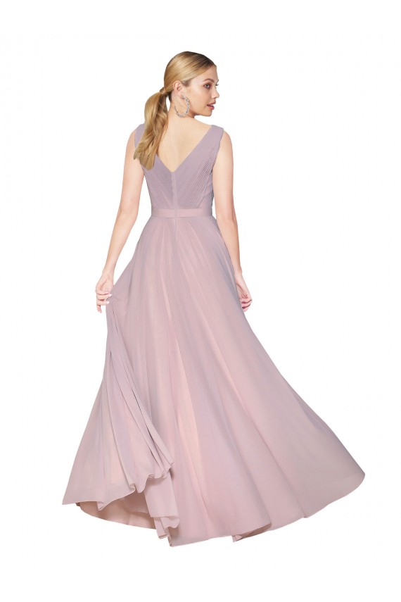 Affordable Draped V-Neck Long Chiffon Prom Dress with Shirred Bodice