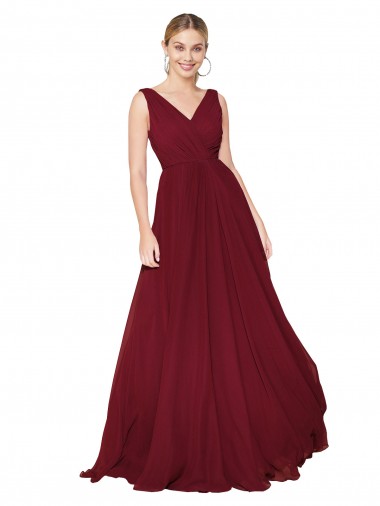 Affordable Draped A-Line V-Neck Floor Length Chiffon Prom Dress