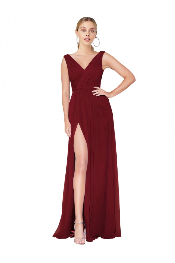 Affordable Draped Mermaid Long V-Neck Chiffon Prom Dress with High Slit