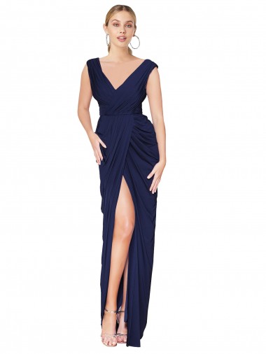 Affordable Draped V-Neck Long Chiffon Prom Dress with Front Slit