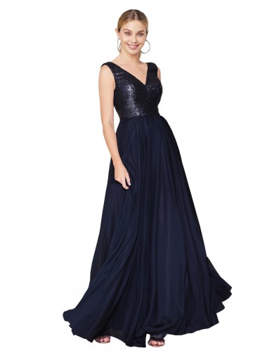 Affordable High Neck V-Neck Long Chiffon Prom Dress with Sequin Top
