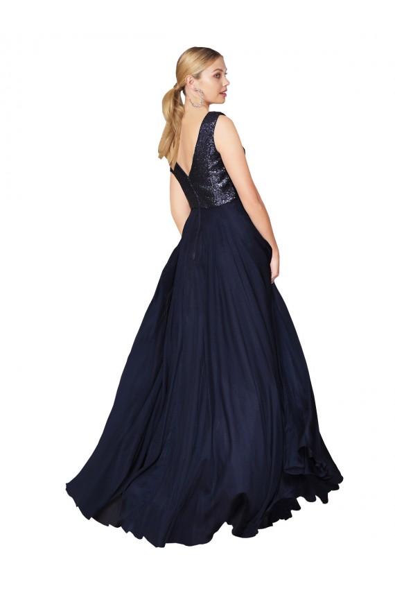 Affordable High Neck V-Neck Long Chiffon Prom Dress with Sequin Top
