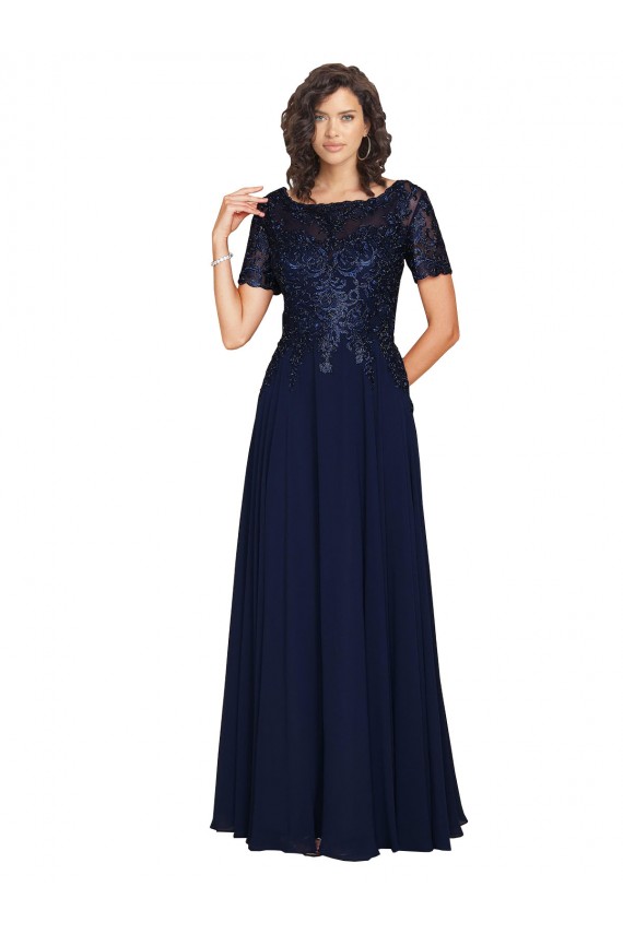 Affordable Short Sleeves A-Line Long Chiffon Prom Dress with Beaded Bodice