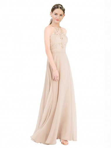 Affordable High Halter Neck Illusion Lace Prom Dress with Chiffon Skirt and Keyhole Back