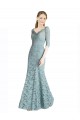 Affordable Half Sleeves Pleated Lace Prom Dress with Wrap-Around Portrait Neckline