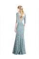 Affordable Half Sleeves Pleated Lace Prom Dress with Wrap-Around Portrait Neckline