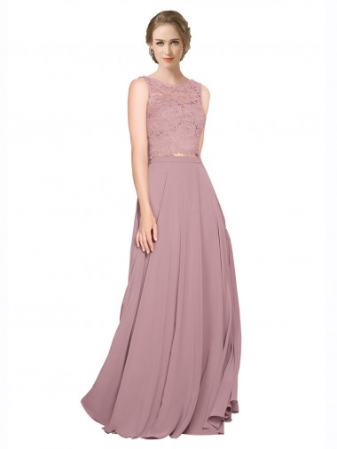 Affordable Long A-Line Chiffon Prom Dress with Sleeveless Lace Crop Top