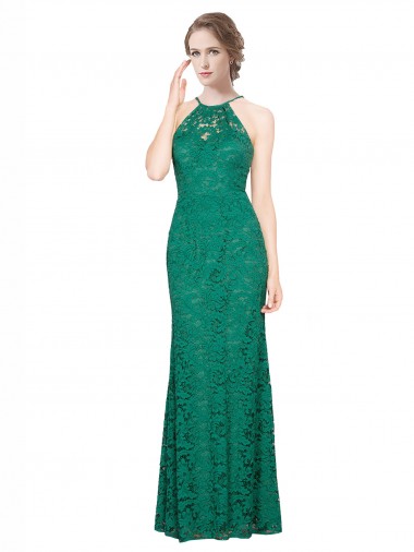 Affordable High Illusion Halter Neck Long Lace Prom Dress
