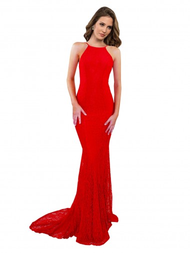 Affordable High Neck Long Lace Prom Dress with Open Back Straps