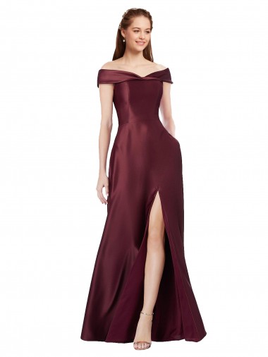 Affordable Long Off the Shoulder Satin Prom Dress with Thigh-high Slit