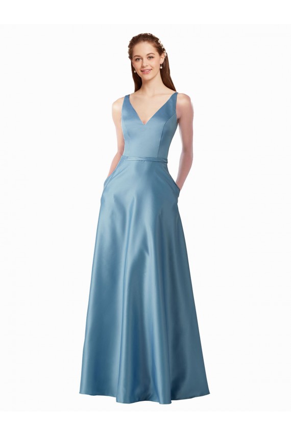 Affordable Classic Satin V-Neck A-Line Prom Dress with Pockets
