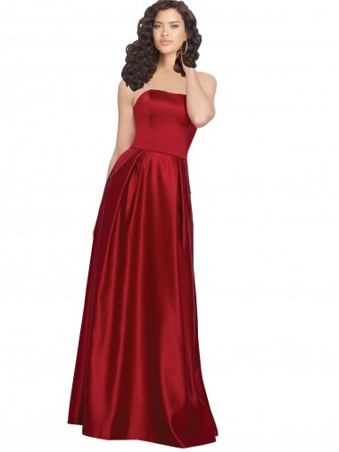Affordable Strapless Satin Prom Dress with Beaded Pocket and Soft Pleating