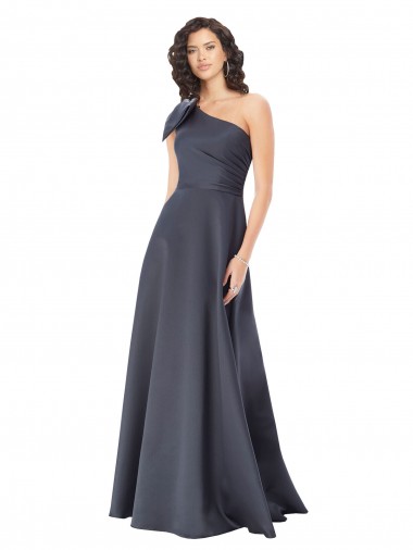 Affordable Rouched One Shoulder Floor Length Satin Prom Dress with Bow