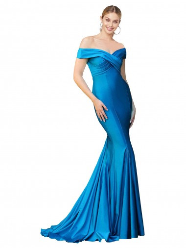 Affordable Off the Shoulder Long Chapel Train Satin Prom Dress