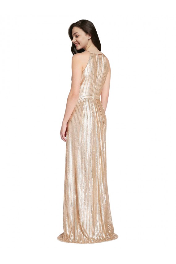 Affordable Floor Length Halter Neck Sparkling Sequin Prom Dress with Pleats