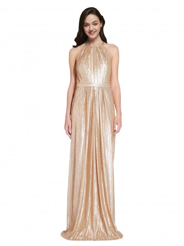 Affordable Floor Length Halter Neck Sparkling Sequin Prom Dress with Pleats