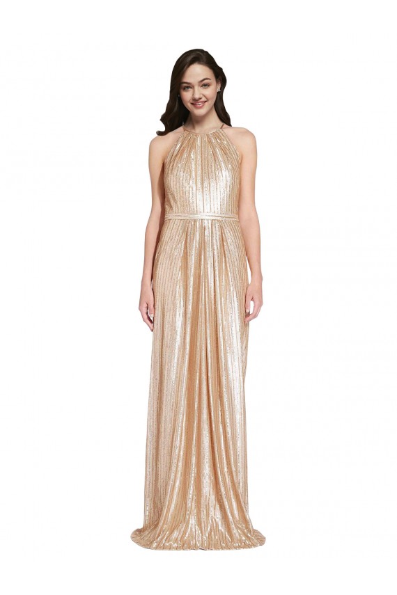 Affordable Floor Length Halter Neck Sparkling Sequin Prom Dress with Pleats