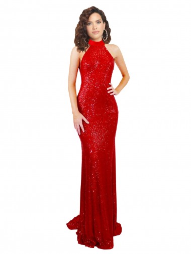 Affordable Halter High Neck Mermaid Open Back Sequin Prom Dress