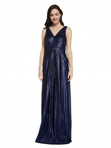 Affordable Long V-Neck Sparking Sequin Prom Dress with Low V-Back