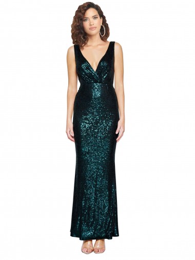 Affordable V-Neck Full Length Sequin Prom Dress with Draped Back