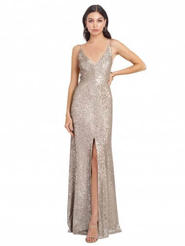 Affordable V-Neck Fully Sequin Prom Dress with V-Back and Front Slit