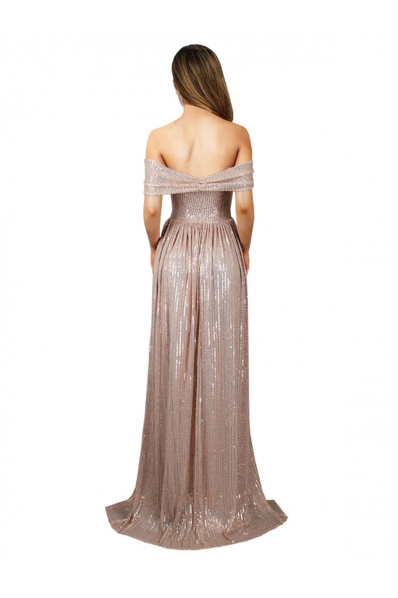 Affordable Strapless Scoop Neck Off the Shoulder Long Sequin Prom Dress with High Slit