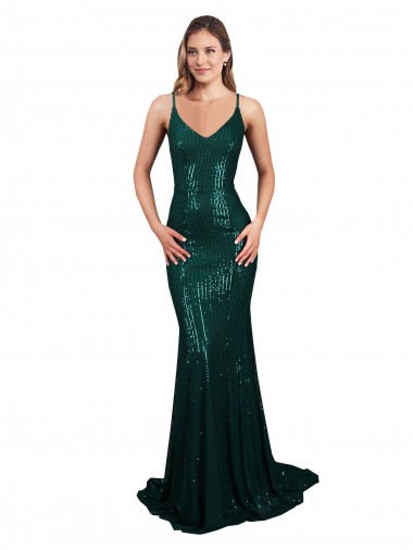 Affordable Fishtail Shaped V-Neck Open Back Long Sequin Prom Dress