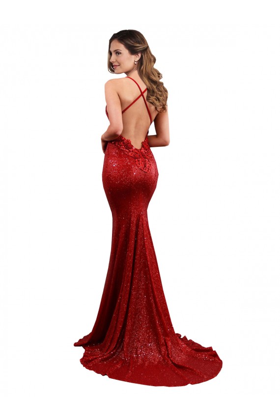 Affordable Low Back Mermaid V-Neck Long Sequin Prom Dress