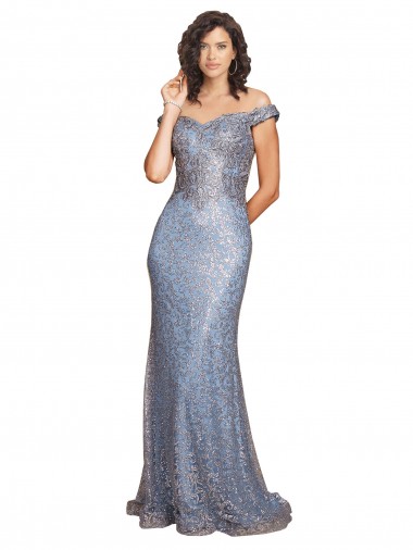 Affordable Off the Shoulder Sweetheart Neckline Sequin Prom Dress with Thigh High Slit