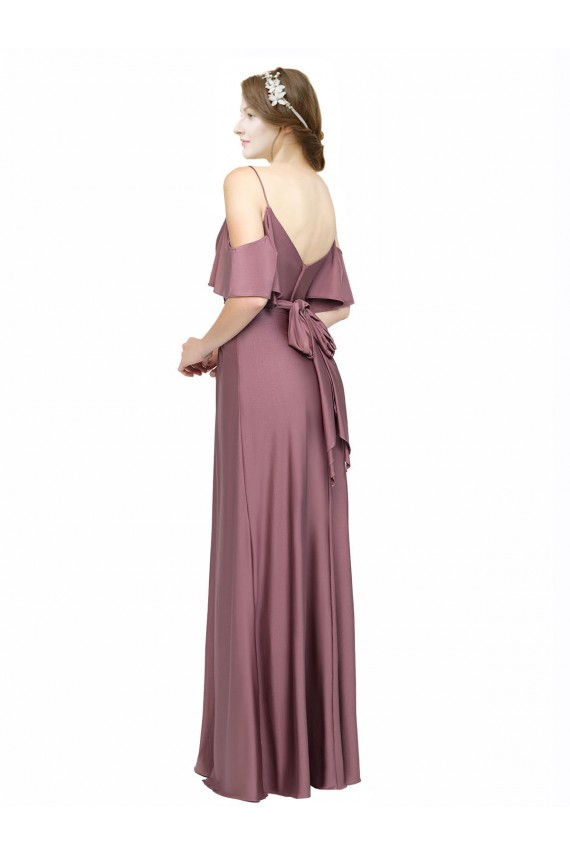 Affordable Draped Cold Shoulder Sleeves Long Silky Satin Prom Dress with Slit and Tie Back