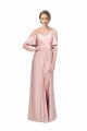 Affordable Draped Cold Shoulder Sleeves Long Silky Satin Prom Dress with Slit and Tie Back