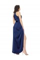 Affordable Full Length High Neck Wrap Silky Satin Prom Dress with Waist Tie