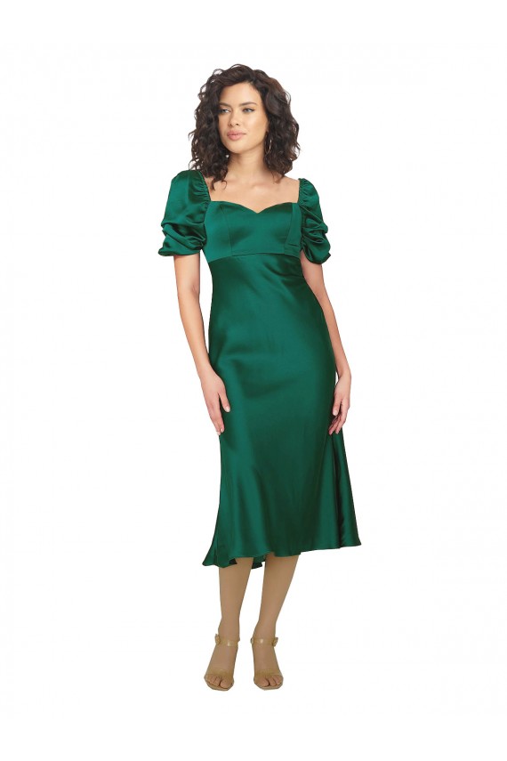 Affordable Ruched Sleeve Silky Satin Prom Dress