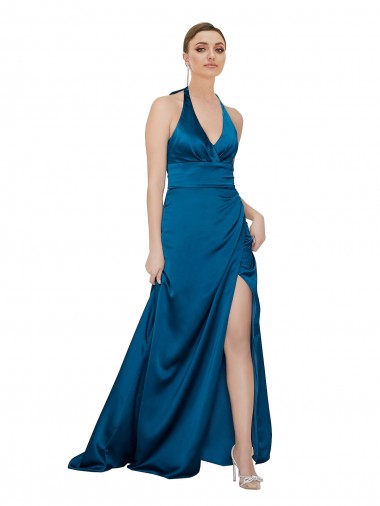 Affordable Halter Neck Silky Satin Prom Dress