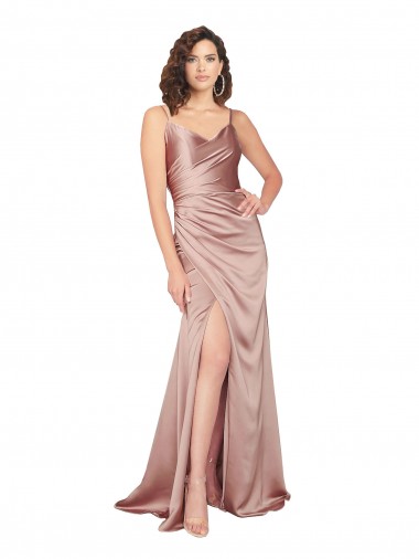 Affordable Floor Length Silky Satin Prom Dress with Front Skirt Slit