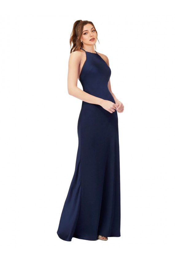 Affordable High Neck Satin Prom Dress with Strappy Back