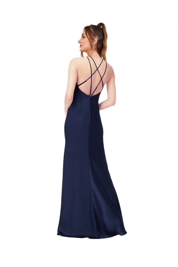 Affordable High Neck Satin Prom Dress with Strappy Back