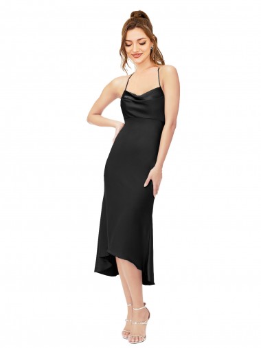 Affordable High Low Silky Satin Cowl Neck Midi Length Cocktail Prom Dress / Homecoming Dress