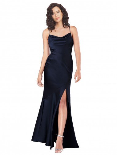Affordable Draped Cowl Neck Silky Satin Prom Dress with Skirt Slit