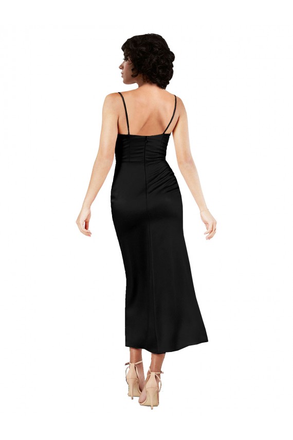 Affordable Cowl Neck Tea-Length Short Silky Satin Cocktail Prom Dress / Homecoming Dress with Skirt Slit