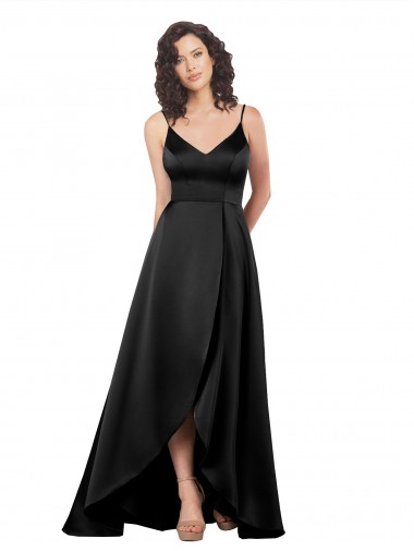 Affordable High Low V-Neckline Silky Satin Tulip Prom Dress with Wrap Skirt