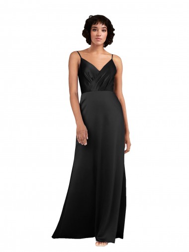 Affordable Full Length V-Neckline Silky Satin Prom Dress with Spaghetti Straps