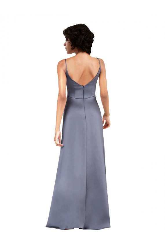 Affordable Full Length V-Neckline Silky Satin Prom Dress with Spaghetti Straps
