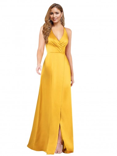 Affordable Halter A-Line Silky Satin Prom Dress with V-Neckline and Slit