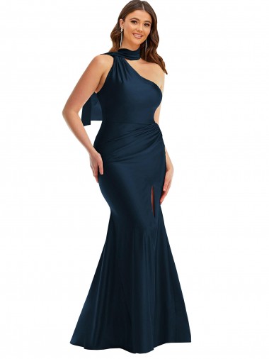 Affordable Scarf Neck One Shoulder Silky Satin Mermaid Prom Dress with Front Slit