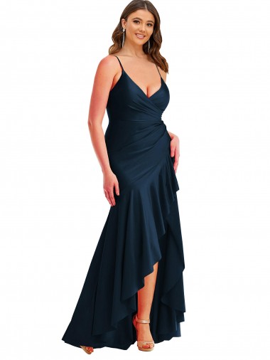 Affordable Pleated Wrap Ruffled High Low Silky Satin Prom Dress